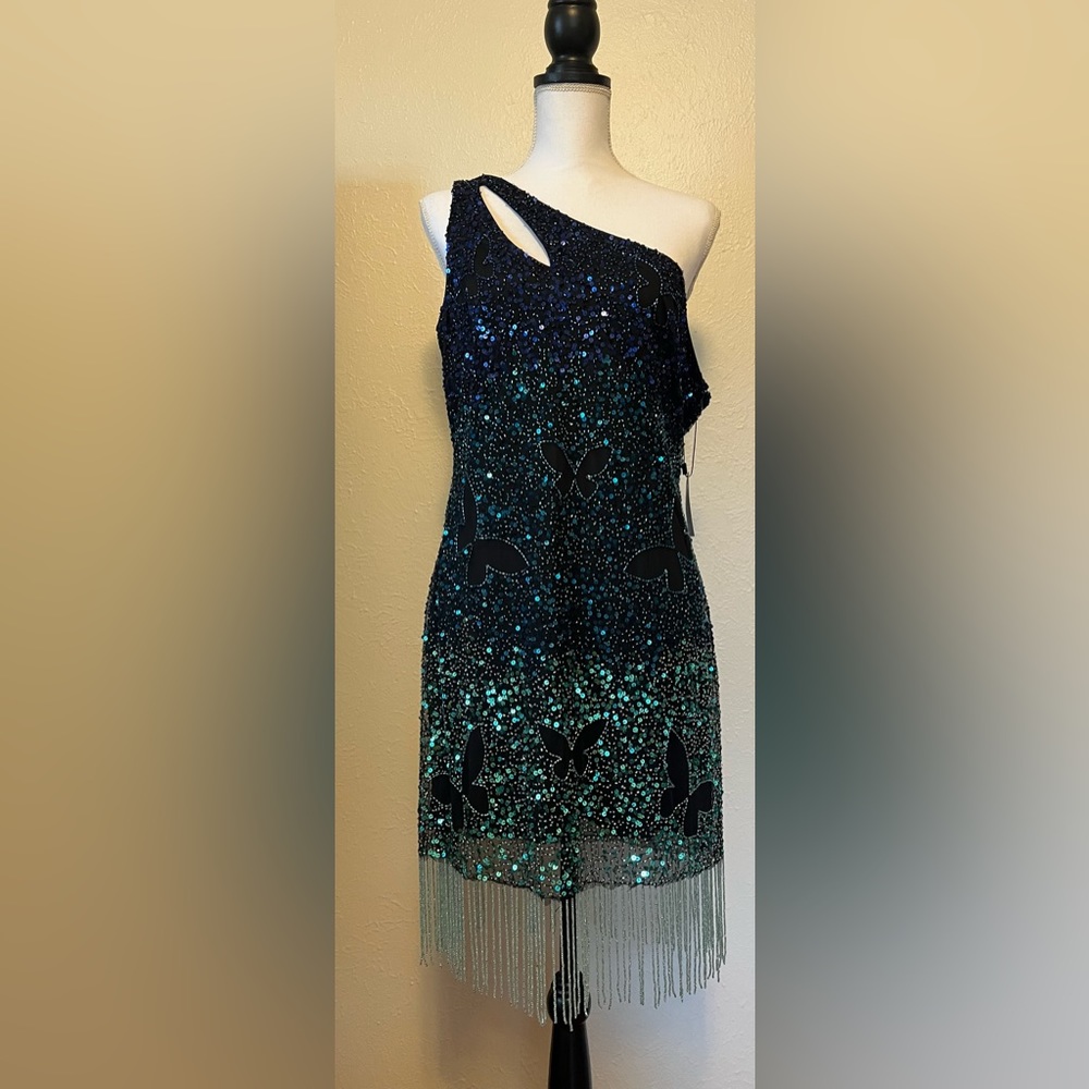 One shoulder Butterfly Tassel Beaded Mini Dress, US 10